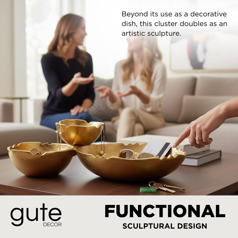 GUTE Cluster of 3 Bowls – Modern Luxury Aluminum Decorative Sculpture | Centerpiece Décor for Dining or Living Room Table Accent | Artistic Display Bowl Set | 14.6" x 9.1" x 13.9" | Gold Finish