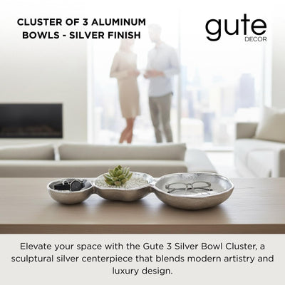 GUTE Cluster of 3 Bowls – Modern Luxury Aluminum Decorative Sculpture | Centerpiece Décor for Dining or Living Room Table Accent | Artistic Display Bowl Set | 14.3" x 6.3" x 1.2" | Silver Finish