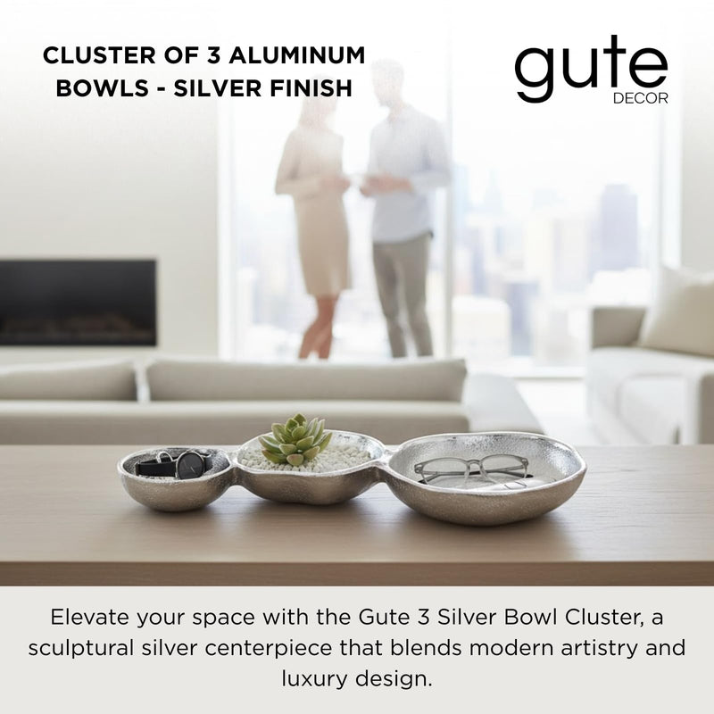 GUTE Cluster of 3 Bowls – Modern Luxury Aluminum Decorative Sculpture | Centerpiece Décor for Dining or Living Room Table Accent | Artistic Display Bowl Set | 14.3" x 6.3" x 1.2" | Silver Finish