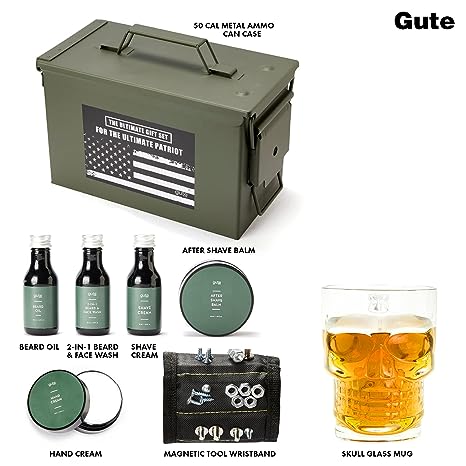 Gifts for Dad & Men Gift Box Real 50 Cal Ammo Set - Fathers Day Grooming & Shaving Set Perfect Gifts Ideas for Him - Military Storage Container, Skull Beer Mug Shave, Wash, Body Care & More - Skincare