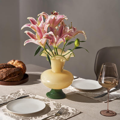 GUTE Verdant Bloom Glass Vase, Wavy Rim Retro Style Cream Body Glass Floral Container Home Decor Accent - 10.24" Green