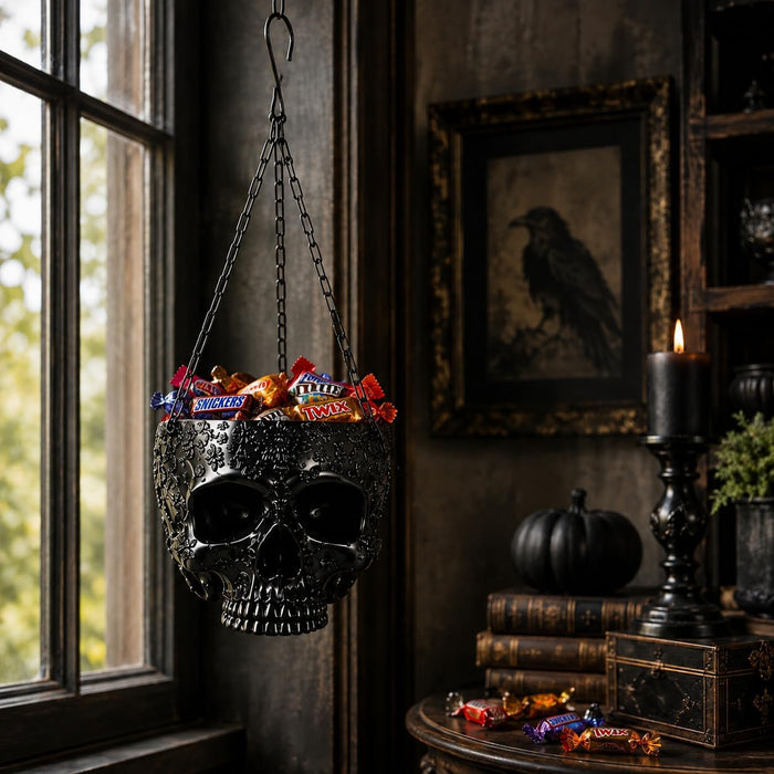 Skeleton Hanging Skull Plant Planter Pot Black - with Metal Chain & Hook - 6" H
