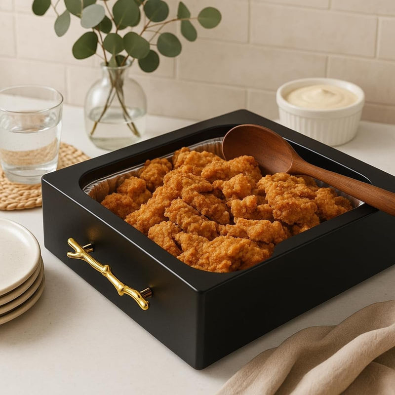 9x13 Pan Server & Holder Dish, Lucite Smart Decor Pans with Lid - Fancy 3-Piece Clear Serving Set with Rim Cover & Top – Elegant Dish for Dinner, Shabbat, Buffet, Counter, Dining Table, Black & Gold