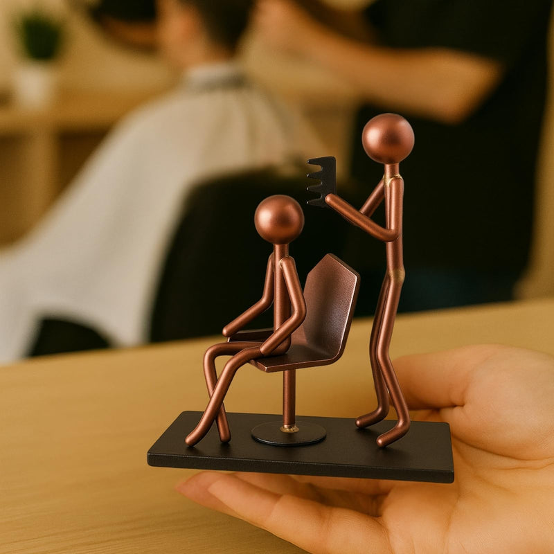 Hairdresser Craft Handmade Figurine – 4.25" L x 4.25" H – Recycled Metal Sculpture & Hand Welded Bronze Finish Art Gift – Barber Shop Decor, Salon Desk Accessories & Hairstylist Appreciation Gifts