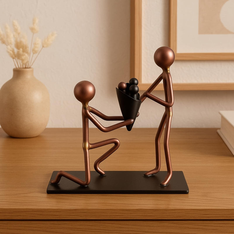 Romantic Proposal Handmade Figurine – 4" L x 4" H – Minimalist Recycled Metal Sculpture & Hand Welded Bronze Finish Art Gift – Tabletop Decor, Engagement Gifts & Anniversary Couple Statues