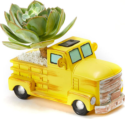 Truck Garden Pot Plant Planter & Vase with Solar Powered Lights Pickup Farm Car - Large, 6.23" H X 11.8" L - Colorful Planter, Indoor Plants, Succulents & Flowers House Decor Indoor & Outdoor - Gift