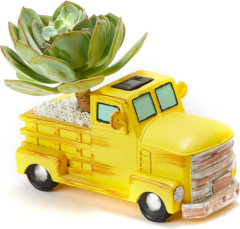 Truck Garden Pot Plant Planter & Vase with Solar Powered Lights Pickup Farm Car - Large, 6.23" H X 11.8" L - Colorful Planter, Indoor Plants, Succulents & Flowers House Decor Indoor & Outdoor - Gift