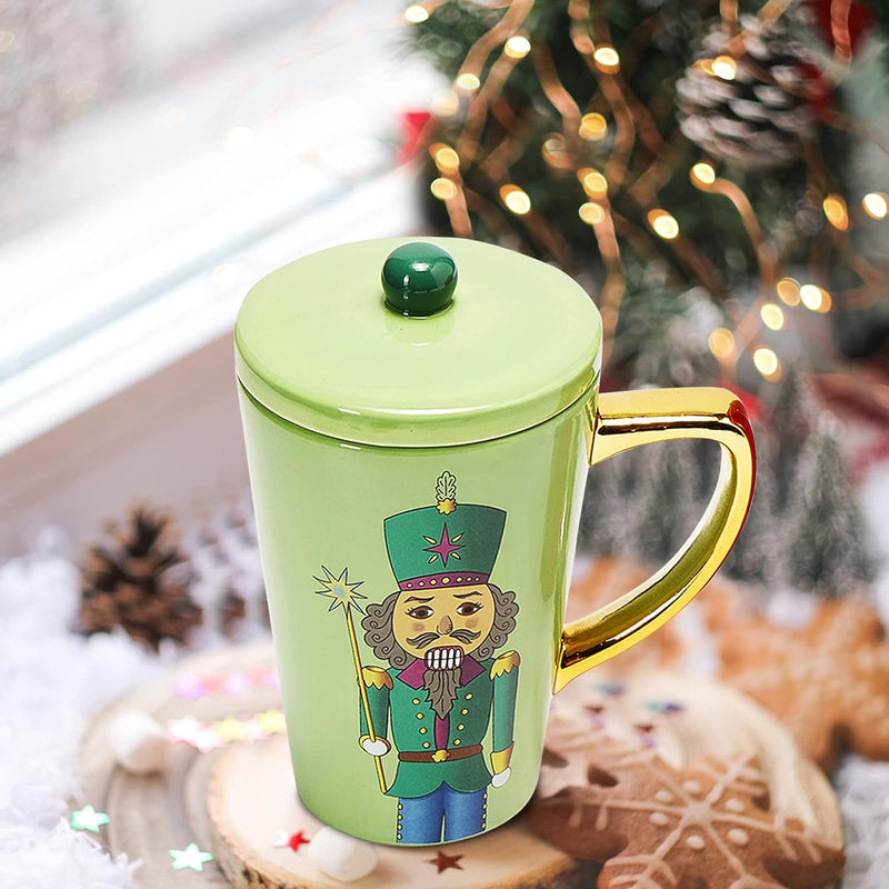 The Nutcracker Festive Christmas Decorative Mug with Lid - Ceramic Microwave/Dishwasher Safe - 16oz Soldier Holiday Mugs for Coffee, Hot Chocolate, - Merry X-Mas, Thanksgiving, Winter Cup (Green)