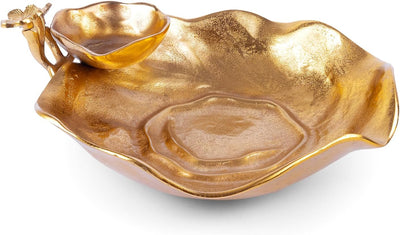 GUTE Chip and Dip Floral Serving Bowl Gold Brass Tiered Snack, Flower Bowl Decorative Centerpiece Serving Platter for Nuts, Chip and Dip, Salsas, Food Tray, Serveware Home Decor Gift Entertaining
