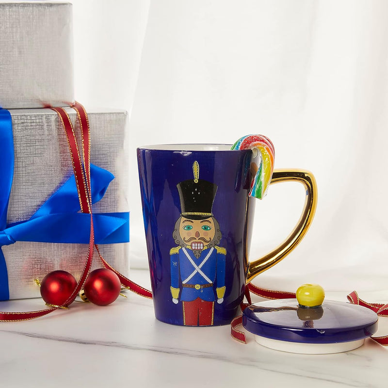 The Nutcracker Festive Christmas Decorative Mug with Lid - Ceramic Microwave/Dishwasher Safe - 16oz Soldier Holiday Coffee Mugs, Hot Chocolate, Eggnog - Merry X-Mas, Thanksgiving, Winter Cup (Blue)