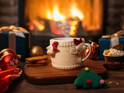 Sweater Mug Winter Cozy Gifts Red & White Gloves Tree Gift Mugs - Holiday Seasonal Gift, 14oz 3.5" Removable Crochet Winter Season Cup, Cute Merry Santa, Reindeer, Snowman, Snowflake Design