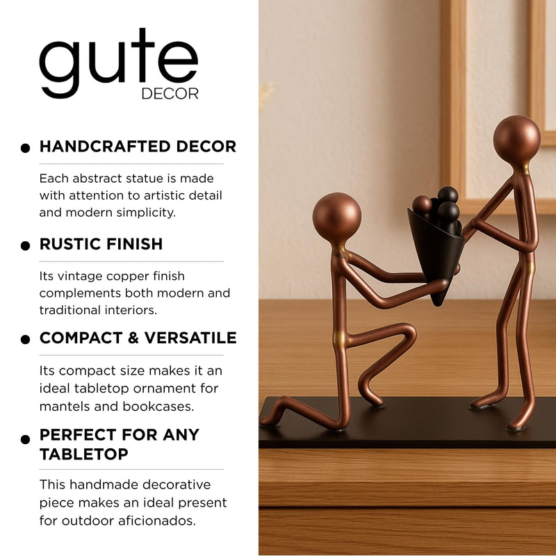 Romantic Proposal Handmade Figurine – 4" L x 4" H – Minimalist Recycled Metal Sculpture & Hand Welded Bronze Finish Art Gift – Tabletop Decor, Engagement Gifts & Anniversary Couple Statues