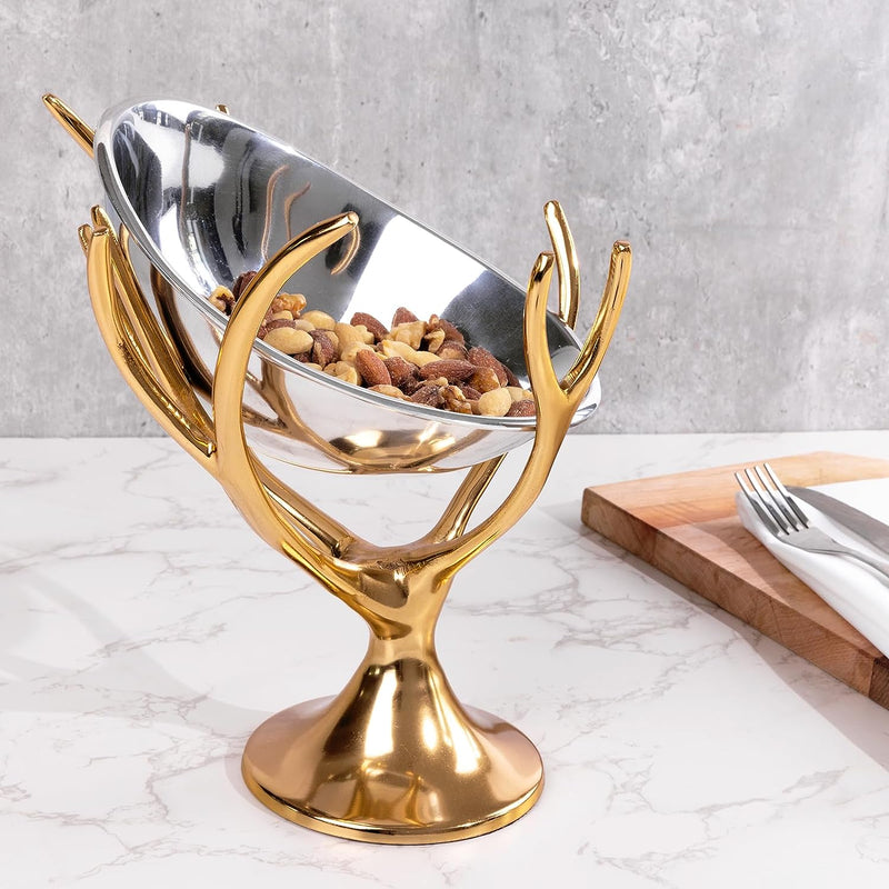 Decorative Gold Brass Branch & Aluminum Footed Bowl, Serving, Fruit, Treats or Catchall for a Table Centerpiece or Use as Pedestal Decor Piece - Serveware Home Decor, Wedding, Party, Event, 10.1" x 9"