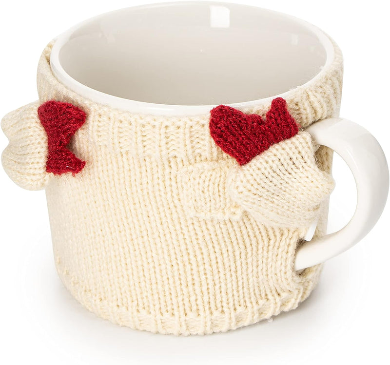 Sweater Mug Winter Cozy Gifts Red & White Gloves Tree Gift Mugs - Holiday Seasonal Gift, 14oz 3.5" Removable Crochet Winter Season Cup, Cute Merry Santa, Reindeer, Snowman, Snowflake Design