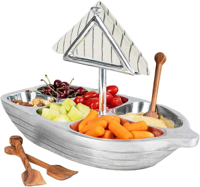 Rowboat Serving Bowl with Napkin Holder & Mini Wooden Oar Serving Spoons, Stainless Steel, Salads, Fruit & Chip N Dip With Six Serving Sections, Gift For Men, Women, Boat Lover, Captain Home Gifts