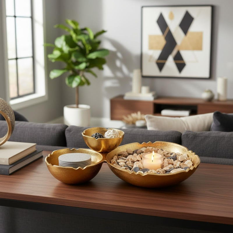 GUTE Cluster of 3 Bowls – Modern Luxury Aluminum Decorative Sculpture | Centerpiece Décor for Dining or Living Room Table Accent | Artistic Display Bowl Set | 14.6" x 9.1" x 13.9" | Gold Finish