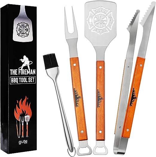 Firefighter Gifts for Men - Large BBQ Grilling Set, 4 Piece Set - Heavy Duty Stainless Steel, Intergraded Bottle Opener, Firefighters, Fire Department First Responder Flag Gift (Fireman)