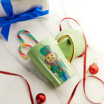 The Nutcracker Festive Christmas Decorative Mug with Lid - Ceramic Microwave/Dishwasher Safe - 16oz Soldier Holiday Mugs for Coffee, Hot Chocolate, - Merry X-Mas, Thanksgiving, Winter Cup (Green)