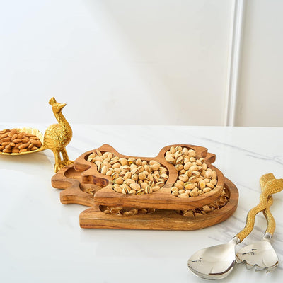 Nut Snack Bowl With Shell Storage Serving Dish, Squirrel Wood Shape, Double Dish Pistachio And Shells Holder, Pedestal Tray and Sunflower Seeds, Walnuts - Magnetic Holder - House Warming Hostess Gifts