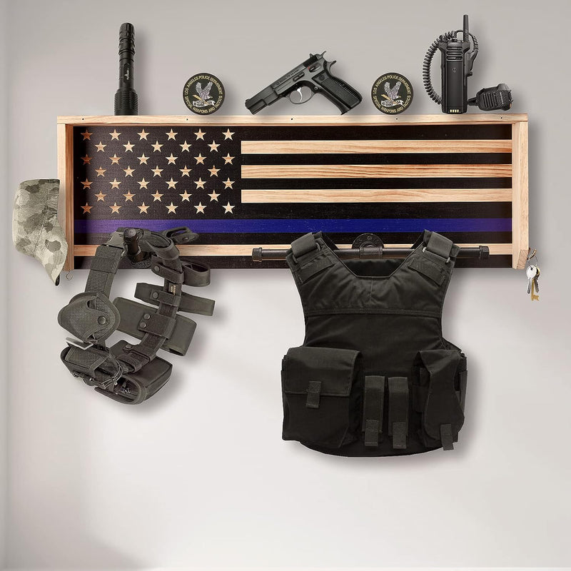 Police Wall Mounted Tactical Duty Gear Rack with Blue American Flag – First Responder Storage Shelf & Police Organizer, Law Enforcement Holder - Police Gift Decor (Wood Color + Thin Blue Stripe)