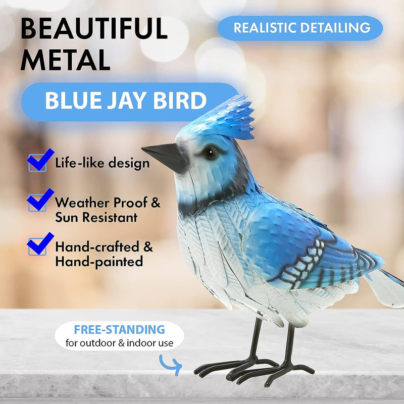 Blue Jay Metal Bird, Garden Yard Sculpture Art- Large Realistic Standing Blue Bird - Outdoor Fall, Winter, Spring, Summer Decoration- Handmade Bluejay Decor - Perfect and Sympathy Gifts