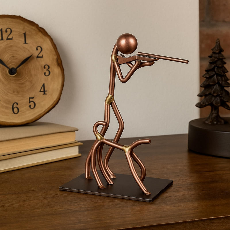 Hunter and Dog Craft Handmade Figurine – 4" L x 4" H – Recycled Metal Sculpture & Hand Welded Bronze Finish Art Gift – Rustic Lodge Decor, Outdoor Sportsman Display & Hunting Collectible Statue
