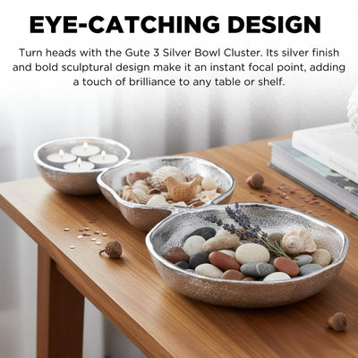 GUTE Cluster of 3 Bowls – Modern Luxury Aluminum Decorative Sculpture | Centerpiece Décor for Dining or Living Room Table Accent | Artistic Display Bowl Set | 14.3" x 6.3" x 1.2" | Silver Finish