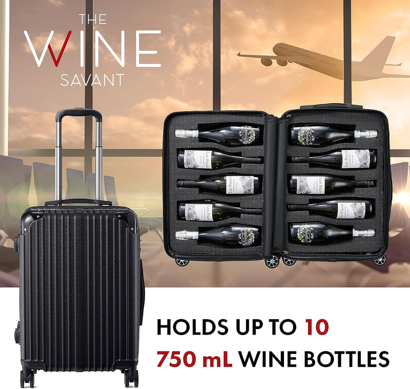 Wine Bottle Suitcase | Holds 10 Standard 750 ML Size Bottles | Universal Airplane Luggage Case, TSA Approved Wheeled Bag For Professionals and Consumers, Gift For Wine Lovers & Connoisseurs (24 IN)