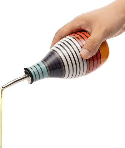 GUTE Cruet Ceramic Olive Oil Dispenser Bottle - 400ml Vinegar Cruet Bottle with Pourer and Stopper - Olive Oil Carafe for Kitchen - Cruet for Vinegar and Oil 6" H 3" W (Striped)