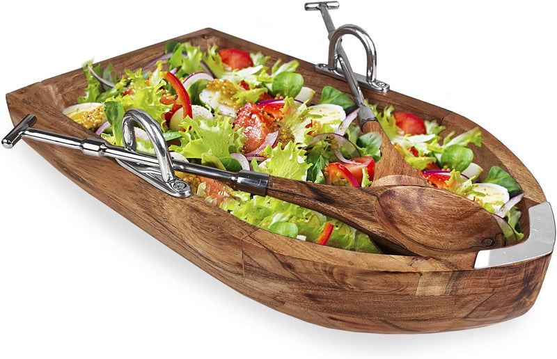 GUTE Rowboat Serving Bowl with a Pair of Wood Serving Utensils, Boat Salad Bowl approx. 16" L x 6" W x 5" H 50 fl. oz. Capacity (Wood with Oars)