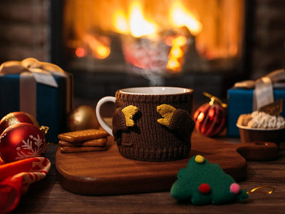 Sweater Mug Winter Cozy Gift Brown & Red Gloves Tree Gift Mugs - Holiday Seasonal Gift, 14oz 3.5" Removable Crochet Winter Season Cup, Cute Merry Santa, Reindeer, Snowman, Snowflake Design