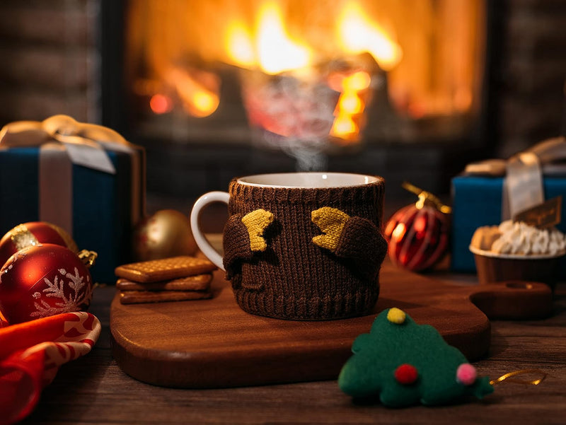 Sweater Mug Winter Cozy Gift Brown & Red Gloves Tree Gift Mugs - Holiday Seasonal Gift, 14oz 3.5" Removable Crochet Winter Season Cup, Cute Merry Santa, Reindeer, Snowman, Snowflake Design