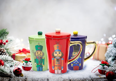 The Nutcracker Festive Christmas Decorative Mug with Lid - Ceramic Microwave/Dishwasher Safe - 16oz Soldier Holiday Coffee Mugs, Hot Chocolate, Eggnog - Merry X-Mas, Thanksgiving, Winter Cup (Blue)