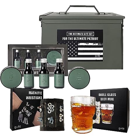 Gifts for Dad & Men Gift Box Real 50 Cal Ammo Set - Fathers Day Grooming & Shaving Set Perfect Gifts Ideas for Him - Military Storage Container, Skull Beer Mug Shave, Wash, Body Care & More - Skincare