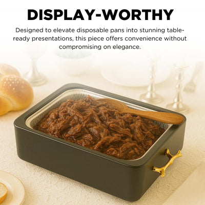 9x13 Pan Server & Holder Dish, Lucite Smart Decor Pans with Lid - Fancy 3-Piece Clear Serving Set with Rim Cover & Top – Elegant Dish for Dinner, Shabbat, Buffet, Counter, Dining Table, Black & Gold