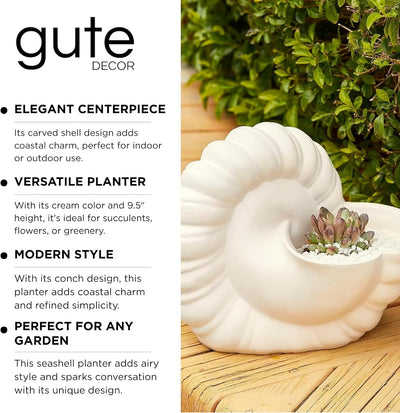 Seashell Succulent Planter Pot, Bowl & Vase, Handmade Conch Detailed White Planter, Large 9.5" Flower Plant Vase, Carved Beach Shell Decor - & Indoor Plants, Gift for Mom
