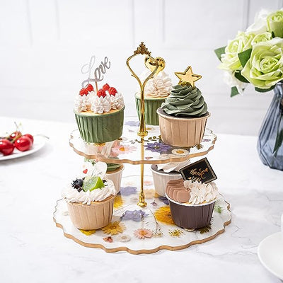 Floral Cupcake & Cake Dessert Stand, Resin Flower Tower - 2 Tier Stand Tray - Large Pretty Botanical Floral Stands for Desserts Table, Gold Handle, Fruits Candy Buffet Serving Trays