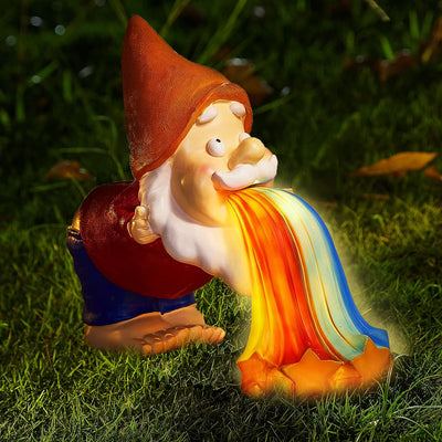 Garden Gnome Throwing up Solar Rainbow Lights - LED Light up Up Rainbow, Adorable Gardens Nome Decor, Knome Art Decor | Indoor& Outdoor Ornament for Flowers Lawn, Yard, or Patio, 4.7”x10 x9.5”