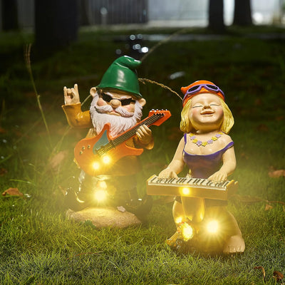 Rock N Roll Musician Gnomes with Solar LED Light Instruments | Set of 2 | Musician, Pianist, Guitarist Garden Statue, Yard Art Décor, Indoor & Outdoor Ornament for Lawn, Patio Sculpture - 10"-11" H