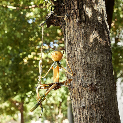Garden Elf On A Swing, Indoor & Outdoor Metal Sculpture by Gute, Metal Elves Yard Art Outdoor Statue, Outdoor Spring, Fall, Hanging Elf Lawn Ornament Gift for Patio Pond Backyard