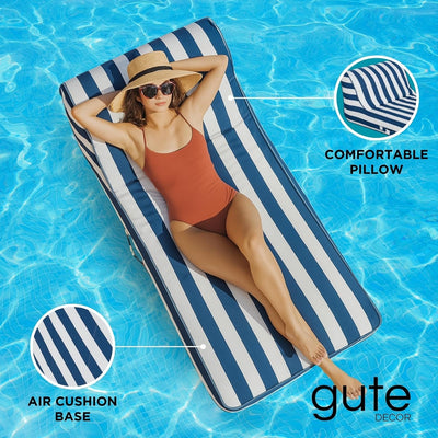 GUTE Upholstered Stylish Pool Float Lounger Recliner, Large Floating Chair & Backrest, Heavy Duty Lake, Beach - Comfortable Tube, Durable Water Floaty Tanning Lounge - Blue