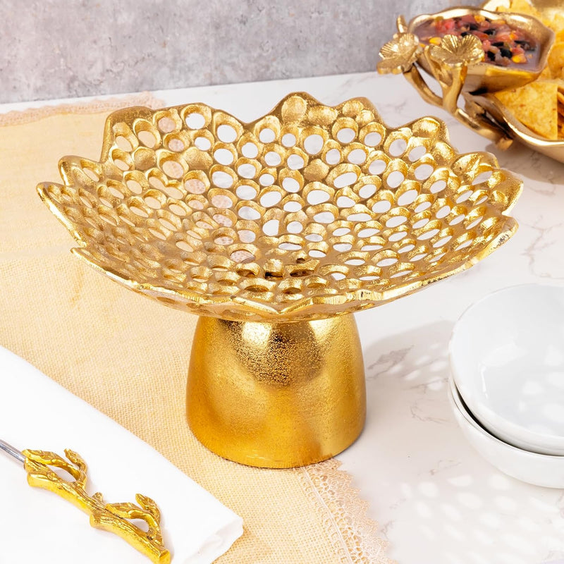 Coral Flower Gold Fruit Bowl & Footed Pedestal Cake Stand - Gute - Antique Inspired Pedestal Dessert Table Serving Tower Display Set Fruit Plate Organizer Tray for Weddings, Birthdays, 10" D 5.5" H