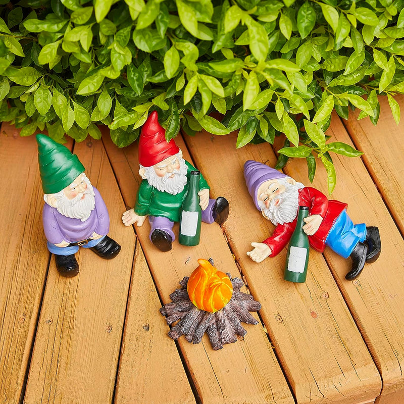 Extra Large Drunk Garden Gnomes Figurines | Set of 4 | Funny Dwarf Knomes Around Fire Pit, Adorable Naughty Drunken nombs Indoor & Outdoor Decor - Patio, Porch, Yard Lawn Art (Naughty Firepit Set)