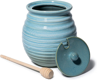 Honey Jar Pot By Gute 6"H - Elegant & Modern Ceramic With Dipper & Lid Rosh Hashanah Gift - Home Kitchen Honey and Syrup, Gorgeous Blue Beehive Honey Jar, Great For Jam, Jelly, 14oz (Lagoon Blue)