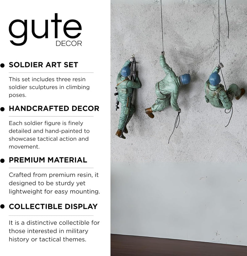 Climbing Man Wall Art, Soldiers Scaling Wall | Set of 3 | Military & Army Modern Room Wall Art Decor Climber Sculpture - Decoration Statue Home & Office Veteran, Ak47, AR15 , Gun Patriotic Gift