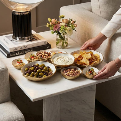 Cluster of 9 Round Serving Bowls Enamel Clusters Decorative Elegant Snack Tray for Olives, Chip & Dip, Nuts, Appetizers & Entertaining Strong Brass & Enamel Home Decor Gifts, Parties & Weddings 22"