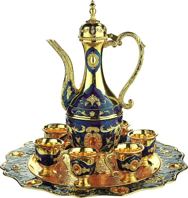 Vintage Turkish Coffee Pot Set for 6 including Tray & Teapot Silver Inserted with Swarovski Style Crystals (Blue, Small)