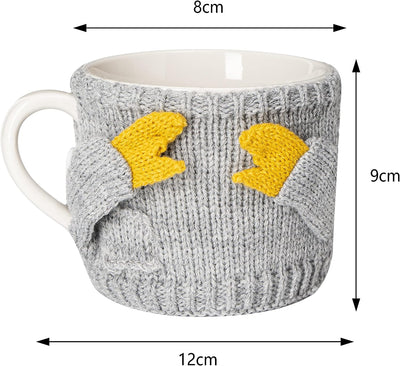 Sweater Mug Winter Cozy Gift Idea Gray Sweater & Yellow Gloves Tree Gift Mugs, Holiday Seasonal Gift, 14oz 3.5" Removable Crochet Season Cup, Cute Merry Santa, Reindeer, Snowman, Snowflake Design