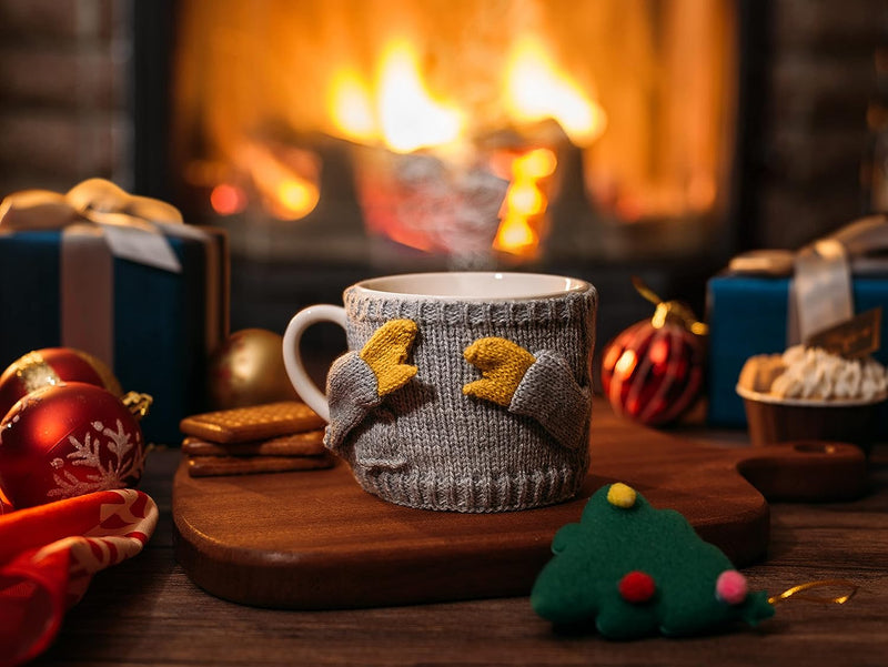 Sweater Mug Winter Cozy Gift Idea Gray Sweater & Yellow Gloves Tree Gift Mugs, Holiday Seasonal Gift, 14oz 3.5" Removable Crochet Season Cup, Cute Merry Santa, Reindeer, Snowman, Snowflake Design