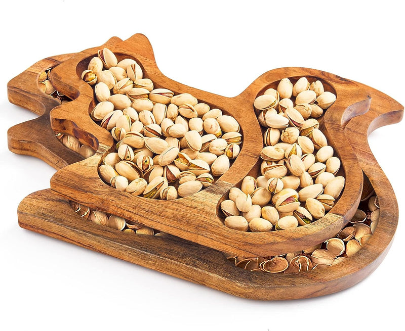 Nut Snack Bowl With Shell Storage Serving Dish, Squirrel Wood Shape, Double Dish Pistachio And Shells Holder, Pedestal Tray and Sunflower Seeds, Walnuts - Magnetic Holder - House Warming Hostess Gifts